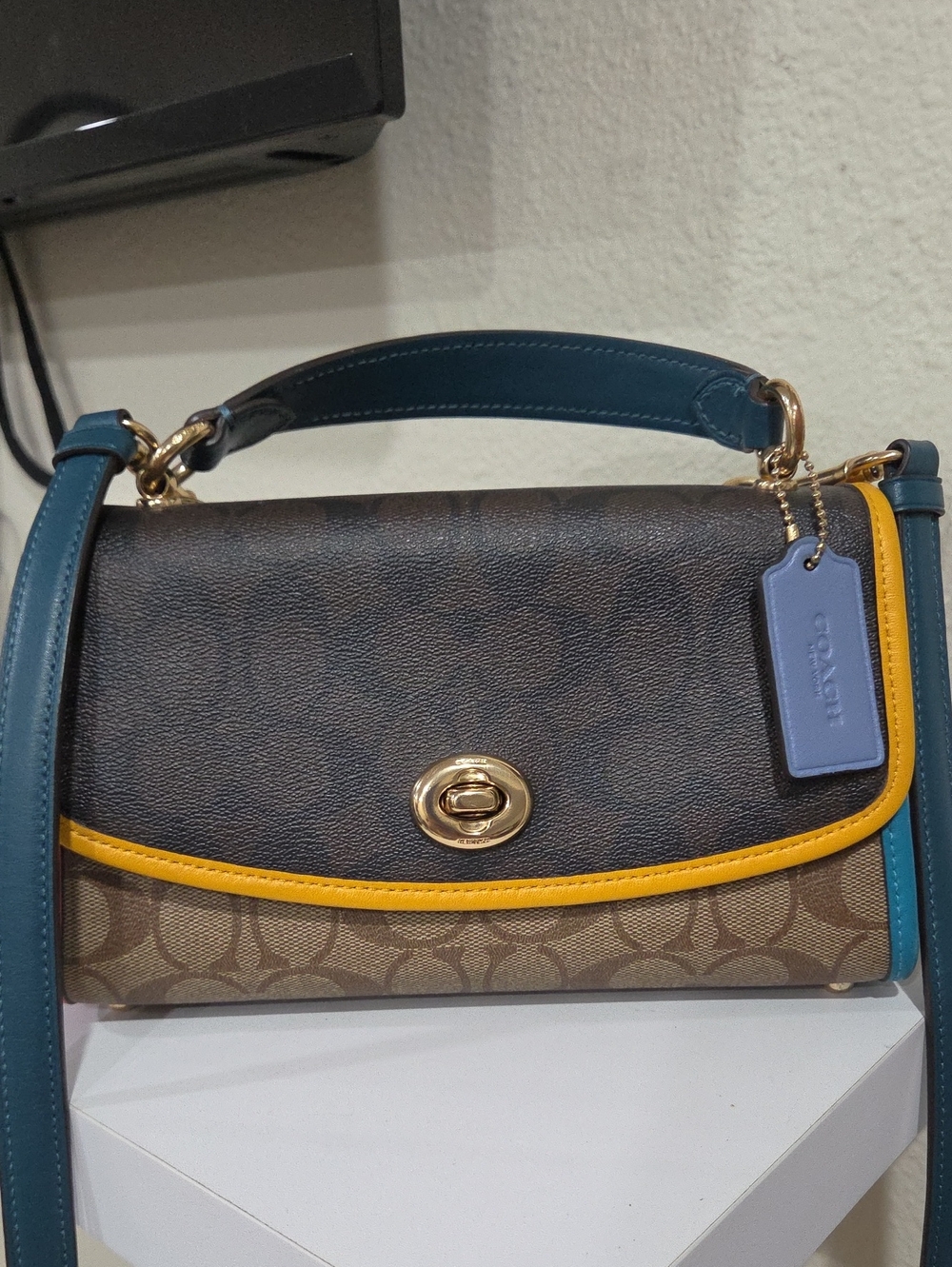Coach Tilly Colorblock Signature  Turnlock Shoulder Bag in Brown, Teal & Yellow